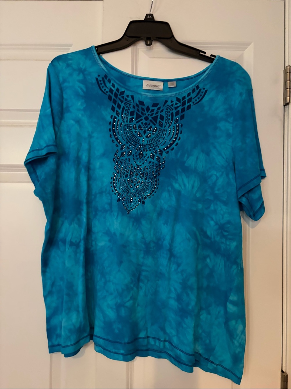 Avenue Turquoise Tie-Dye Short Sleeve Top with Embellished Neck